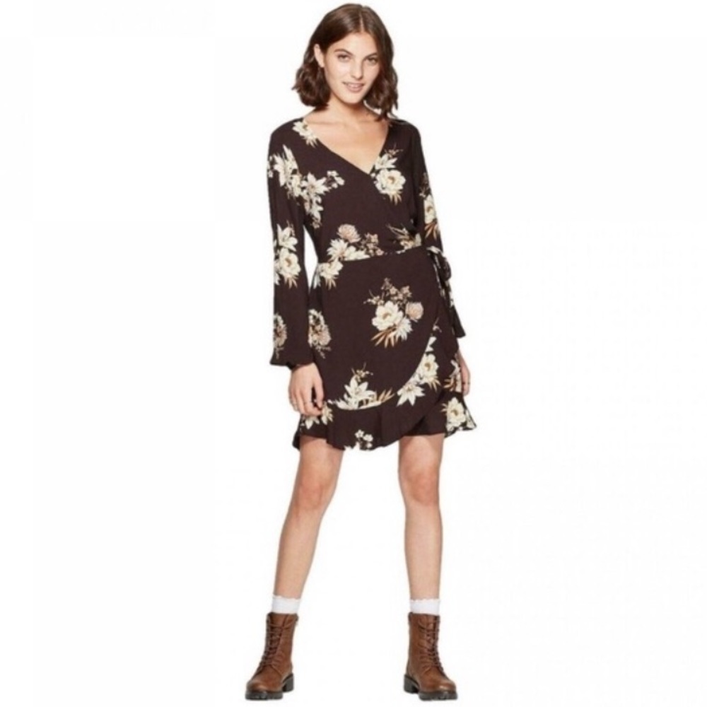 NWOT Dark Brown Floral Faux Wrap Dress Long Sleeve